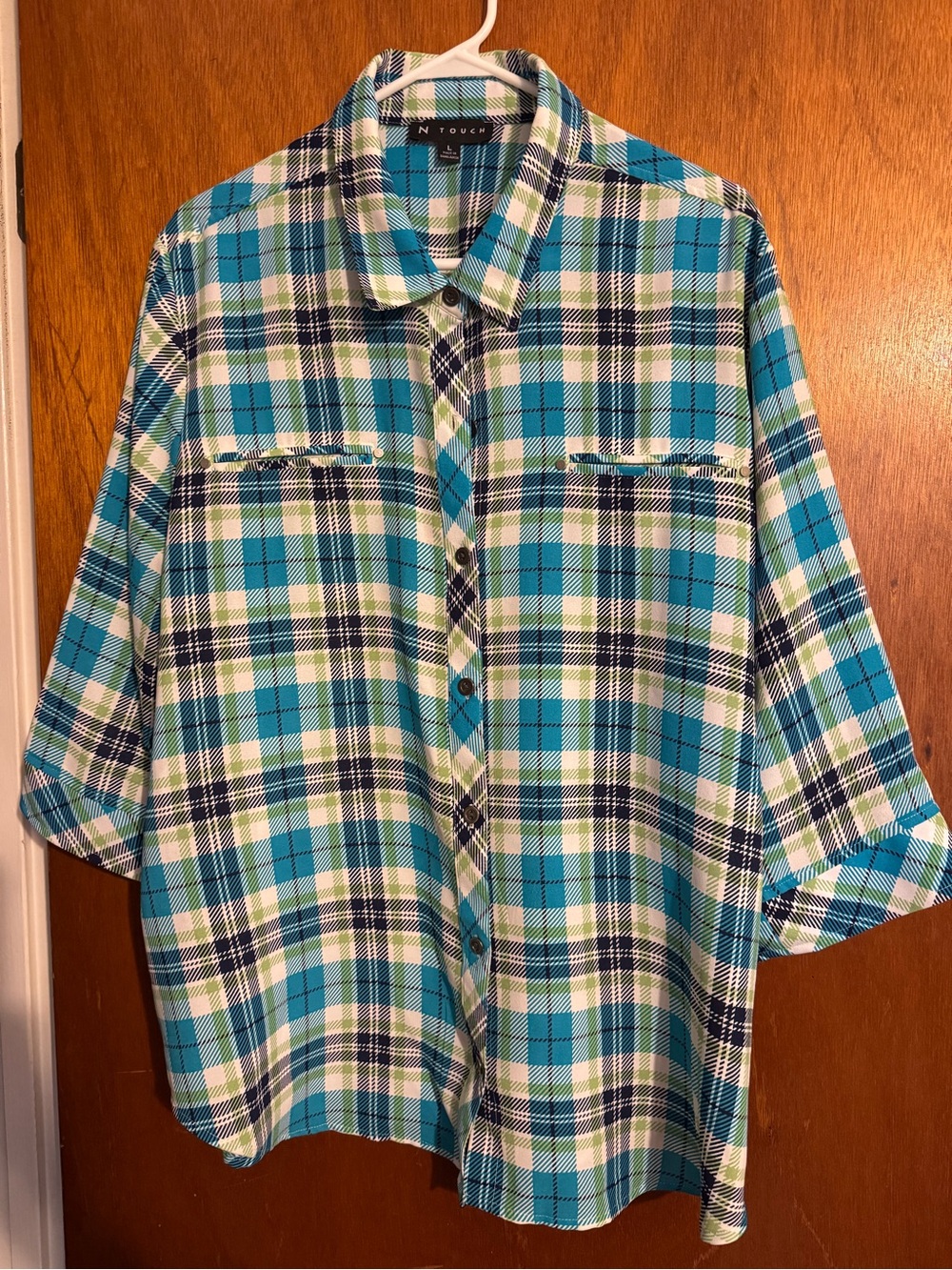 N Touch Women's Blue Plaid Button-Front Blouse